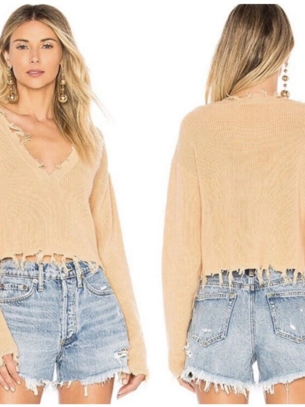 Lovers + Friends Revolve Cropped Distressed V-Neck Sweater in Tan